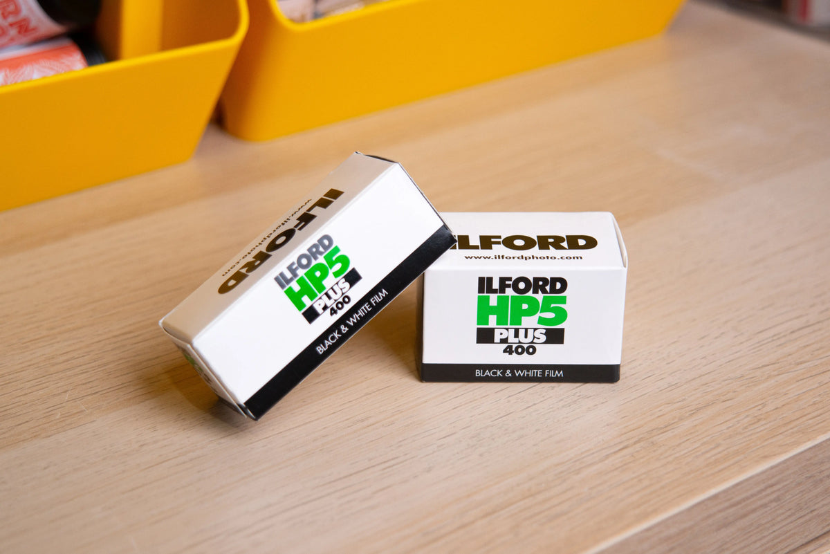 Ilford HP5 Plus black-and-white film boxes