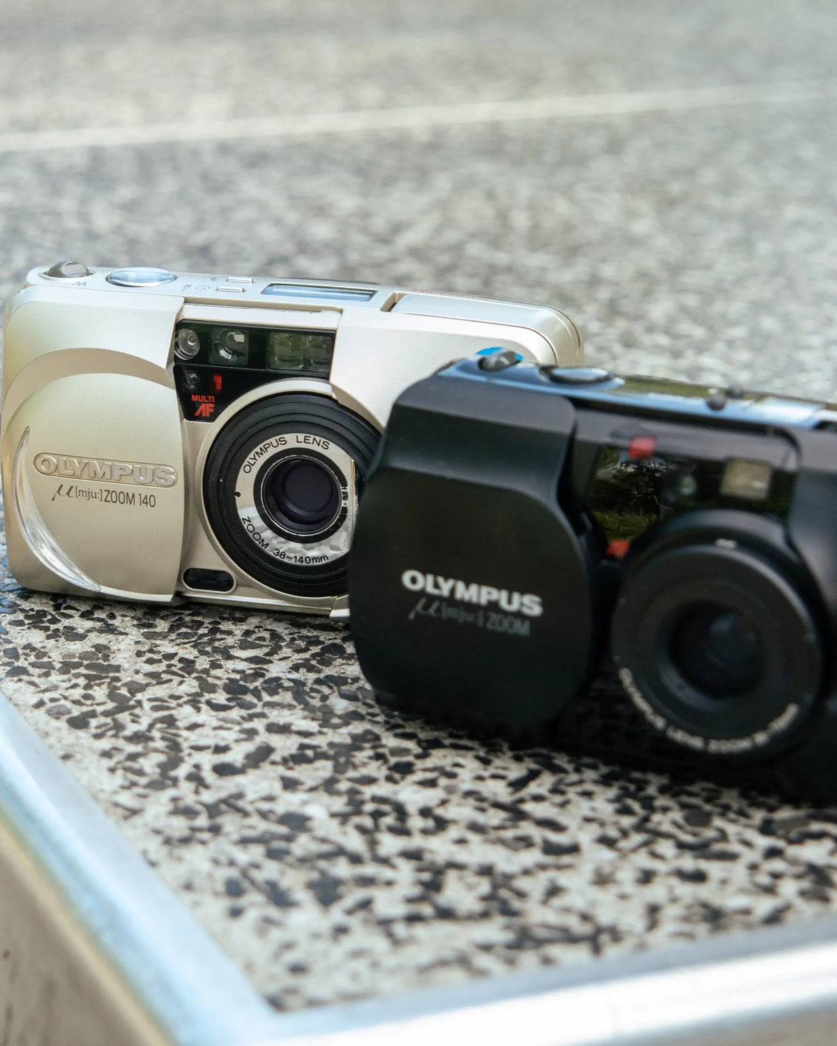 Selection of compact film cameras on an outdoor table