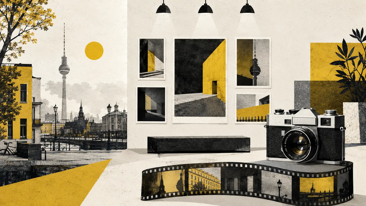 Redaktionelle Illustration zu Fotoausstellungen und Veranstaltungen in Berlin mit Kamera, Filmstreifen und Berliner Skyline