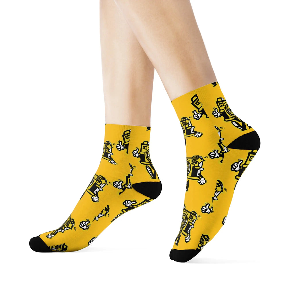 Chaussettes d'équipage à motif d'appareil photo vintage — Chaussettes de nouveauté de photographe jaune - Photo Studio Berlin