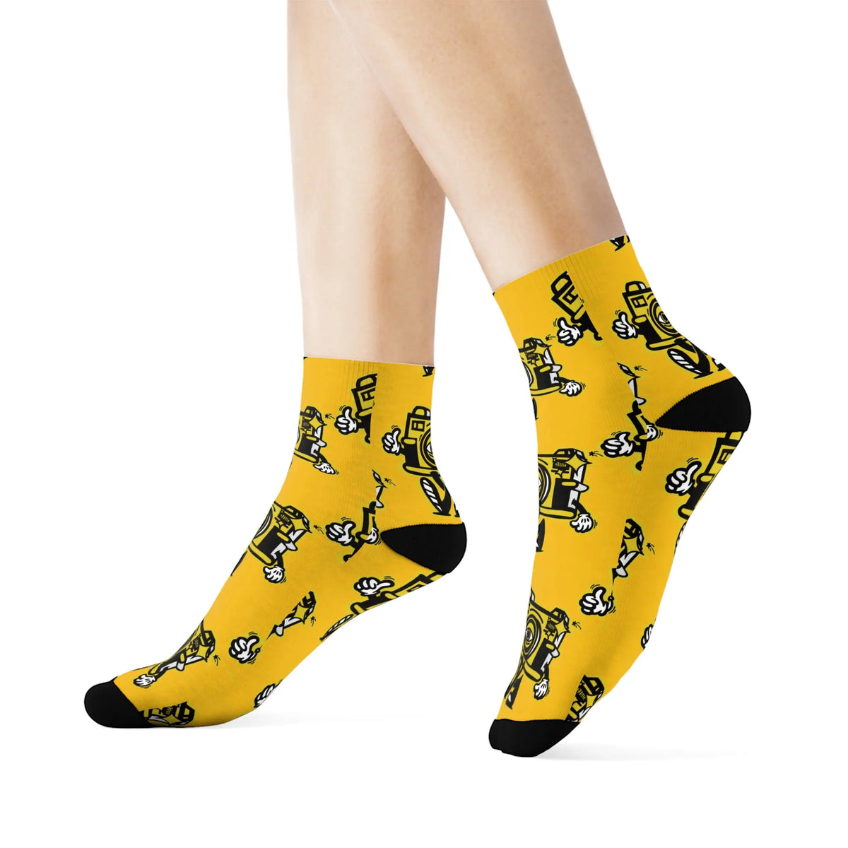 Chaussettes d'équipage à motif d'appareil photo vintage — Chaussettes de nouveauté de photographe jaune - Photo Studio Berlin