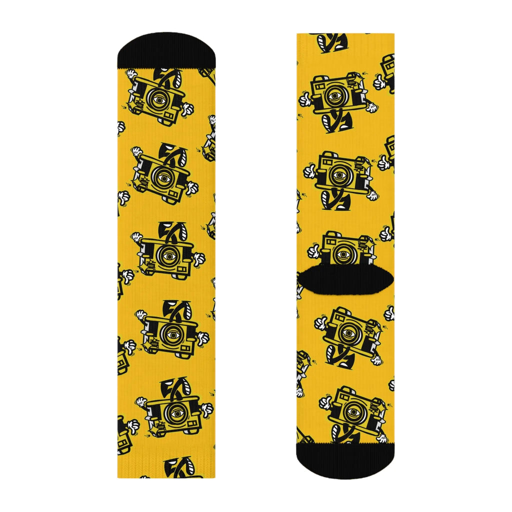 Chaussettes d'équipage à motif d'appareil photo vintage — Chaussettes de nouveauté de photographe jaune - Photo Studio Berlin