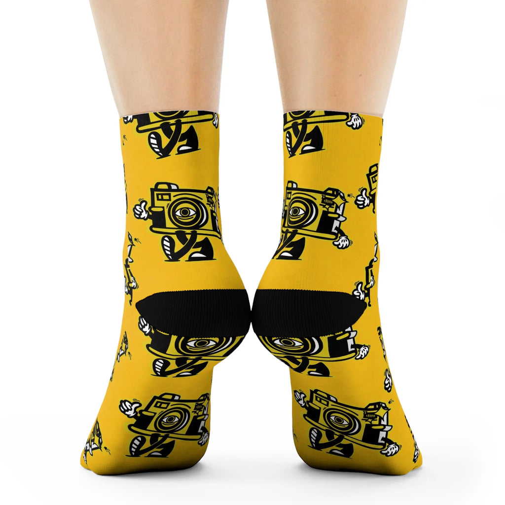 Chaussettes d'équipage à motif d'appareil photo vintage — Chaussettes de nouveauté de photographe jaune - Photo Studio Berlin