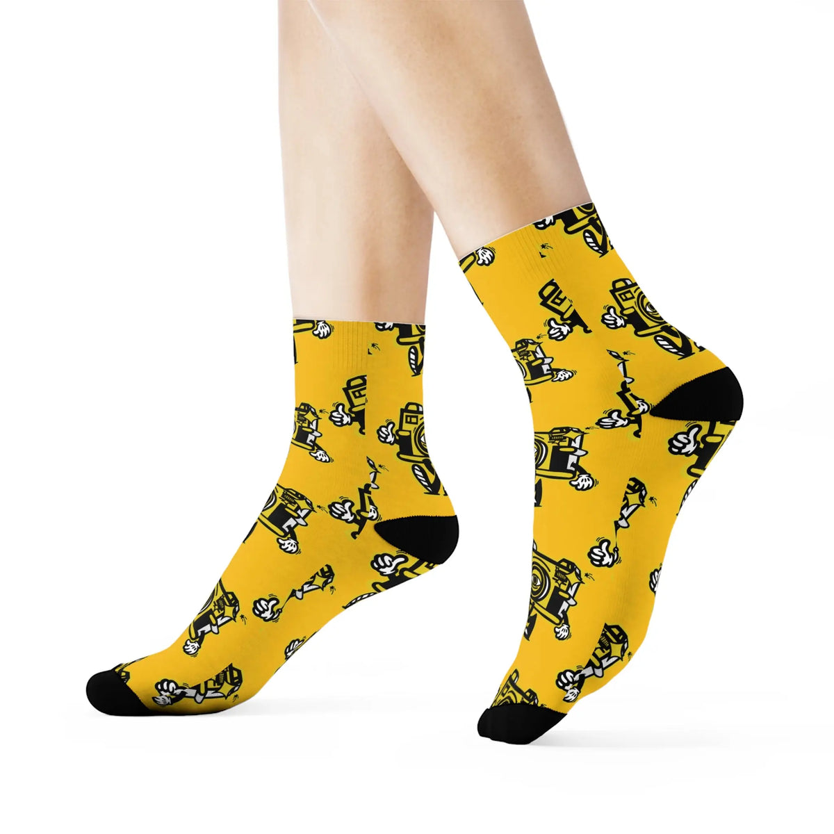Vintage Camera Pattern Crew Socks — Yellow Photographer Novelty Socks - Photo Studio Berlin