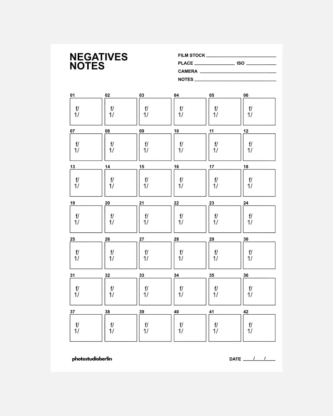 Notizen zu Filmnegativen – Druckbares PDF-Blatt – Photo Studio Berlin