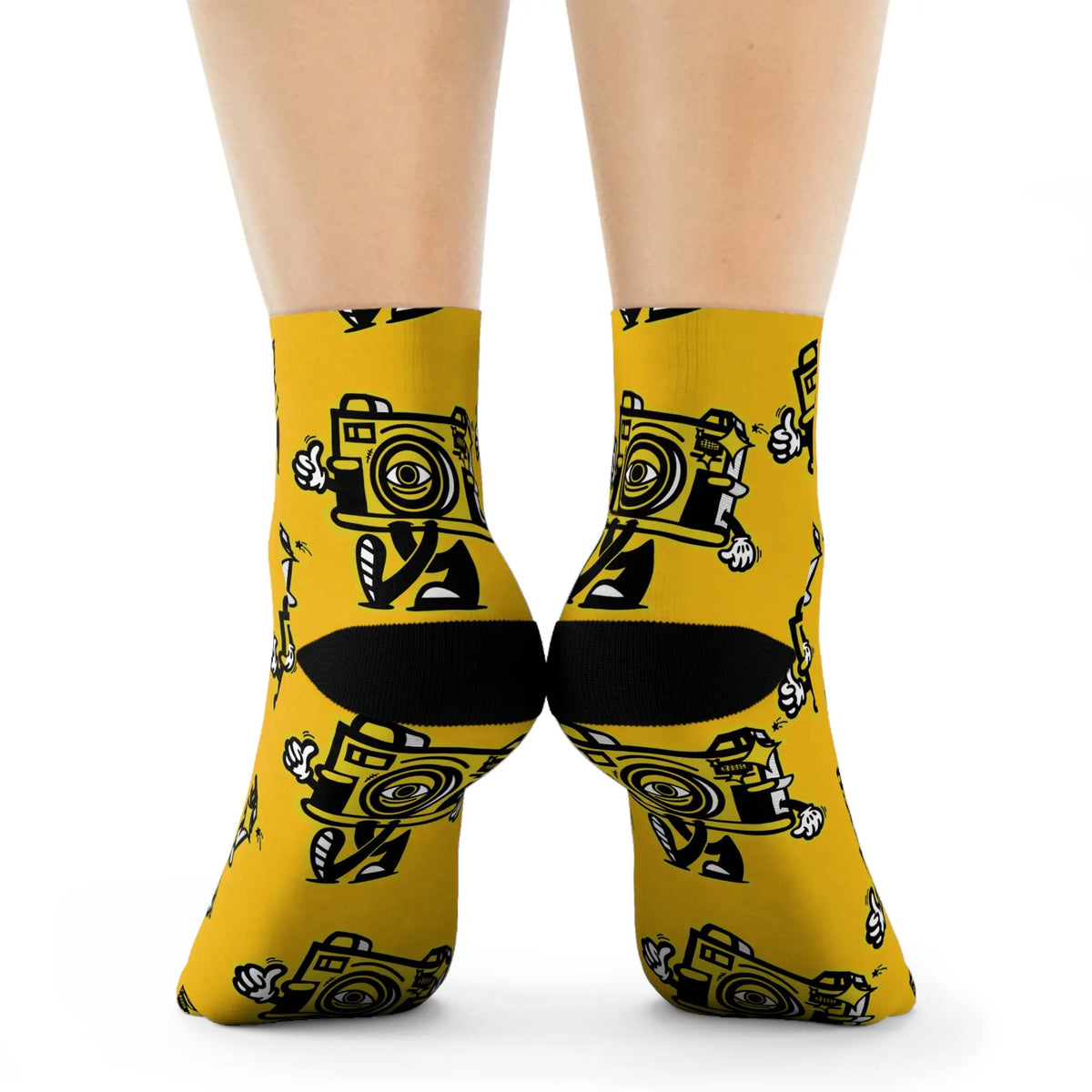 Chaussettes d'équipage à motif d'appareil photo vintage — Chaussettes de nouveauté de photographe jaune - Photo Studio Berlin
