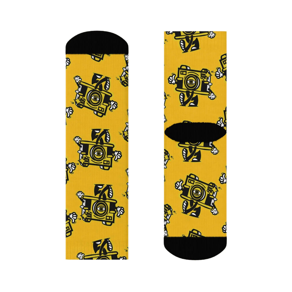 Chaussettes d'équipage à motif d'appareil photo vintage — Chaussettes de nouveauté de photographe jaune - Photo Studio Berlin