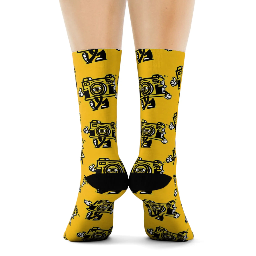 Chaussettes d'équipage à motif d'appareil photo vintage — Chaussettes de nouveauté de photographe jaune - Photo Studio Berlin