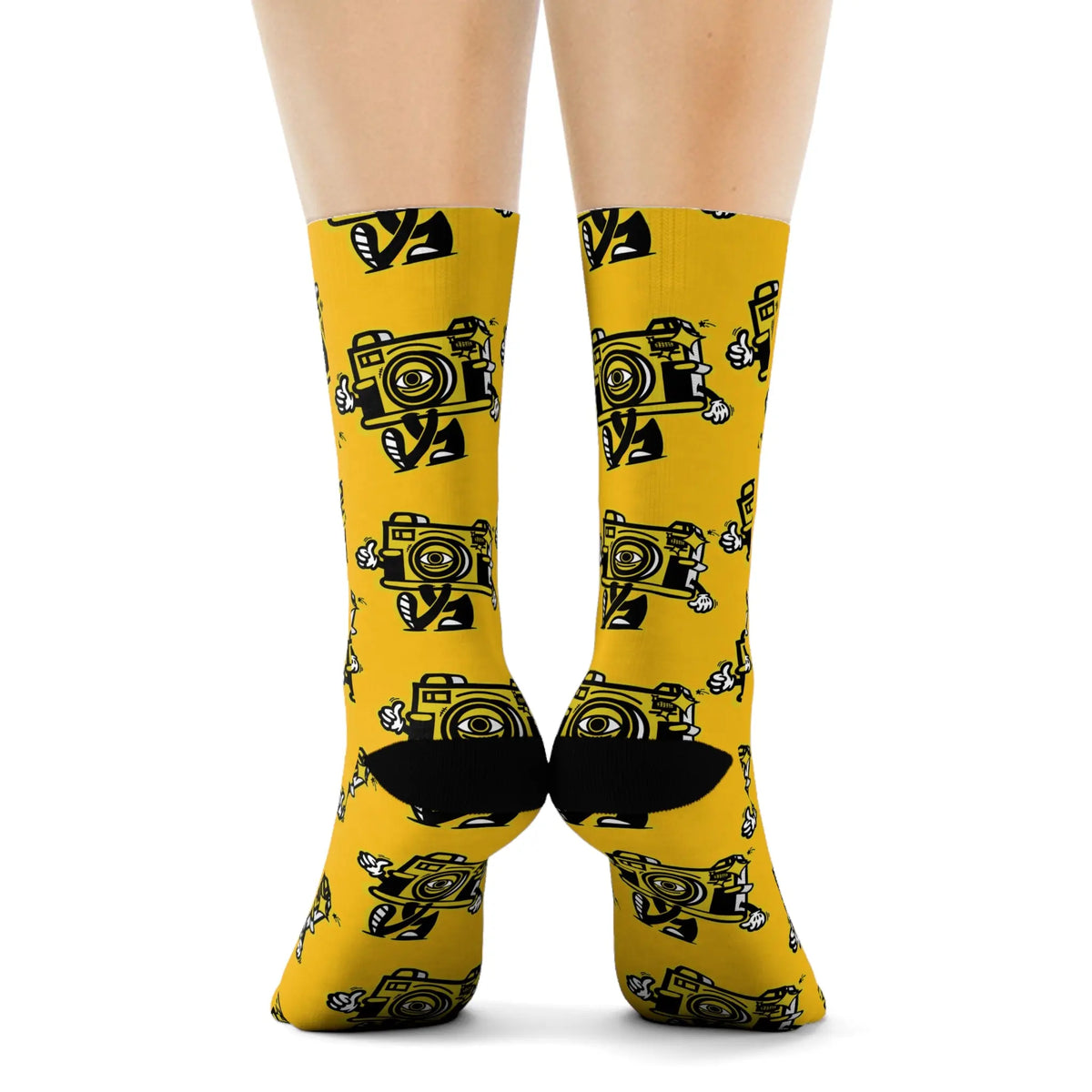 Chaussettes d'équipage à motif d'appareil photo vintage — Chaussettes de nouveauté de photographe jaune - Photo Studio Berlin