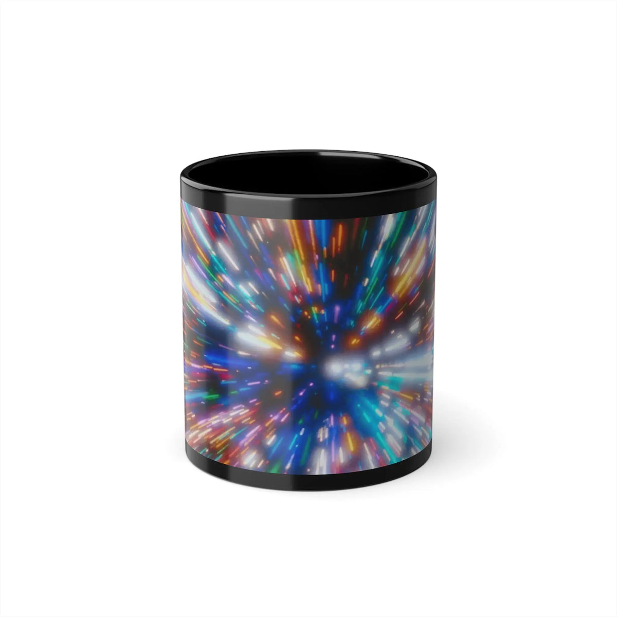 Black Ceramic Mug — Colorful Light Burst Coffee Cup (11oz) - Photo Studio Berlin