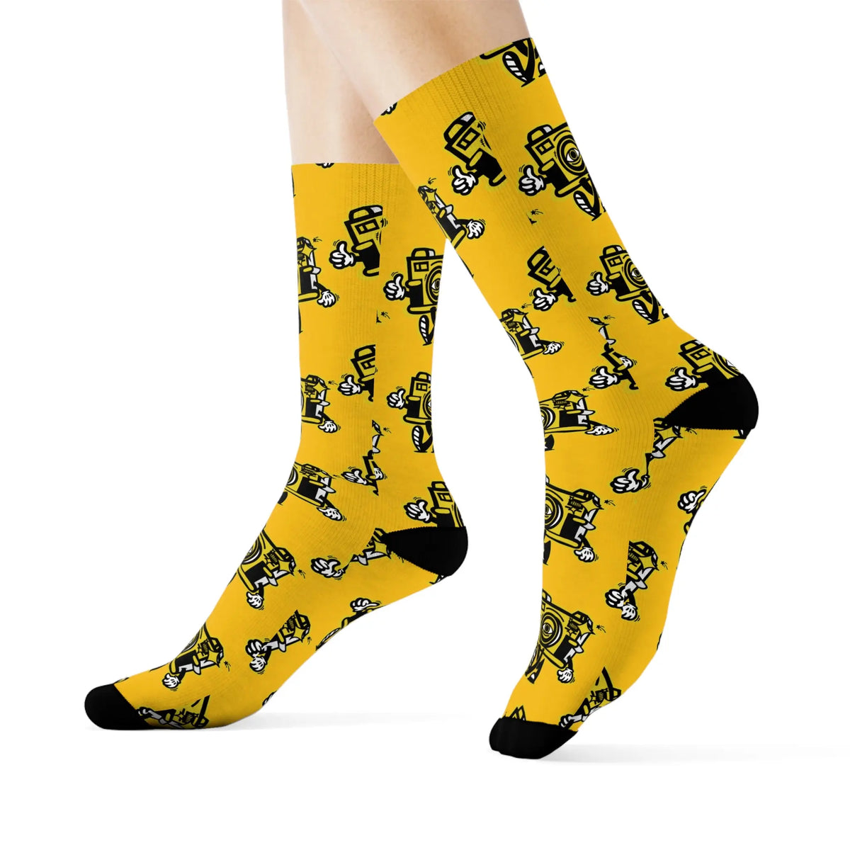 Chaussettes d'équipage à motif d'appareil photo vintage — Chaussettes de nouveauté de photographe jaune - Photo Studio Berlin