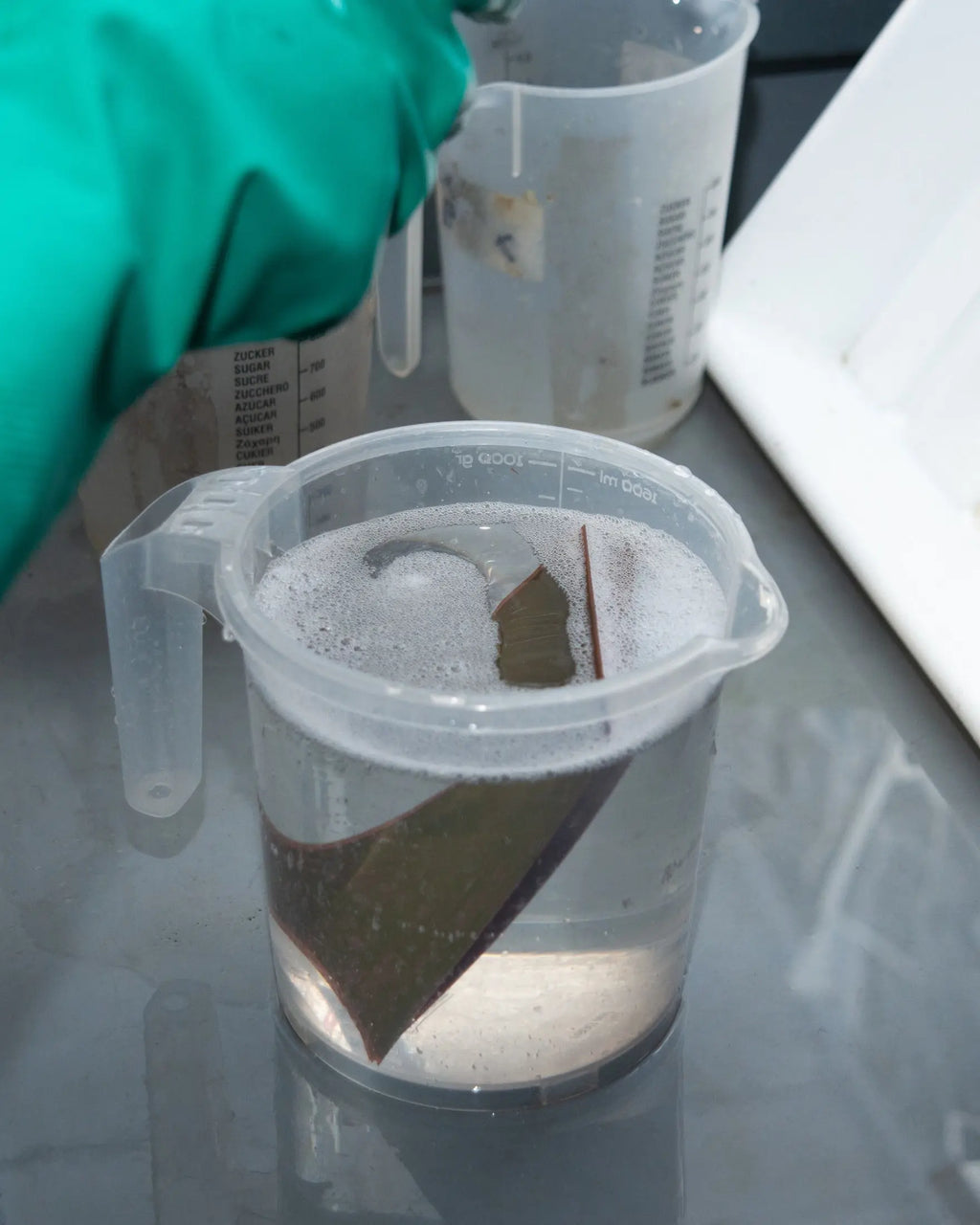 Sheet-film negative immersed in a jug at the wet bench at Berlin Photo Studio